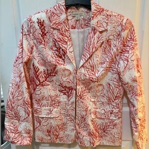 Coldwater Creek Coastal Coral Beadwork Red and White Blazer with Notched Lapel